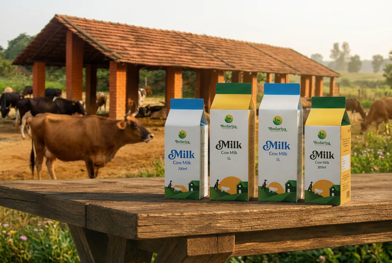 Godariya milk cartons in a field