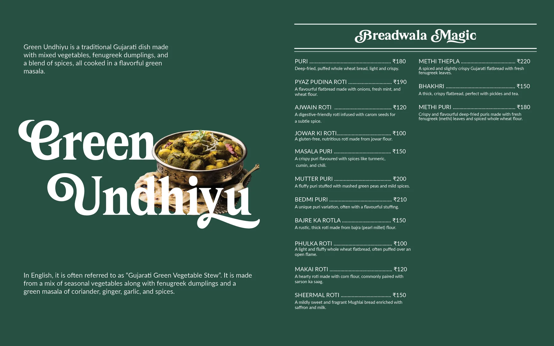 Go Treat menu card — Green Undhiyu