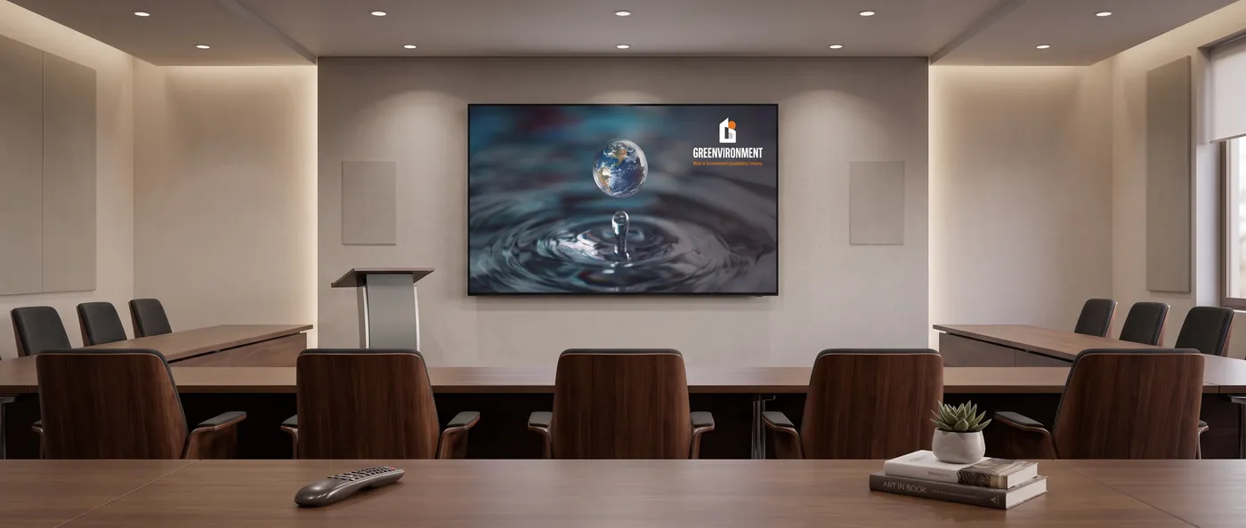 The Greenvironment identity on screen in a boardroom