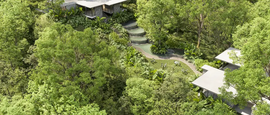 The Sircle estate seen from the air, buildings folded into the tree line