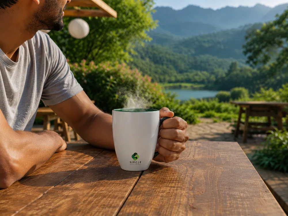 A Sircle mug on a table overlooking the valley