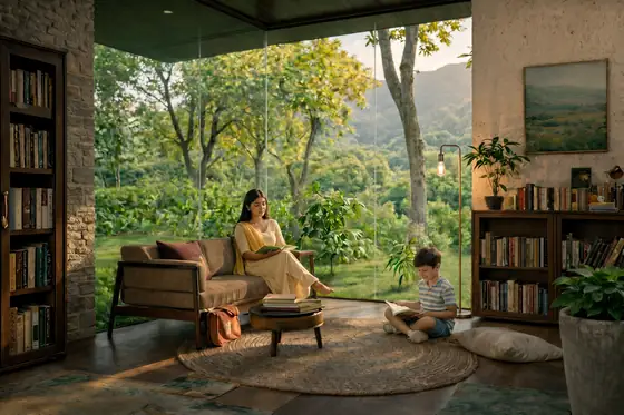 Biophilic Bungalows — a reading nook opening straight onto the garden