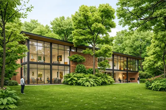 Harmony Hub — a glass-walled meeting house on the lawn